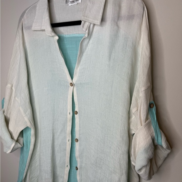 White and Blue Button-Up Shirt - Picture 2 of 7